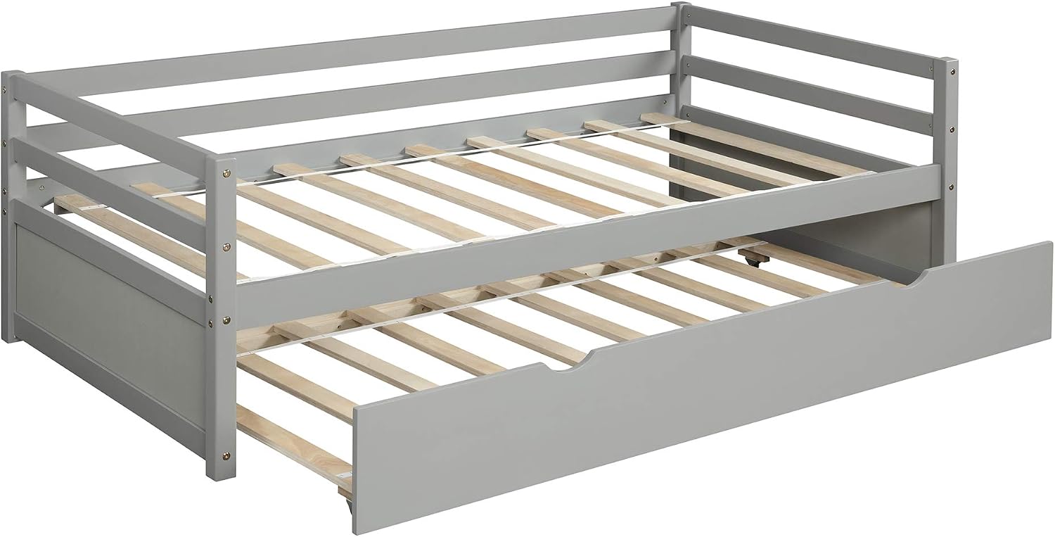 Kids Guests Twin Size Solid Wood Captains Daybed with Pull Out Trundle Frame Set for Bedroom (Gray-B)