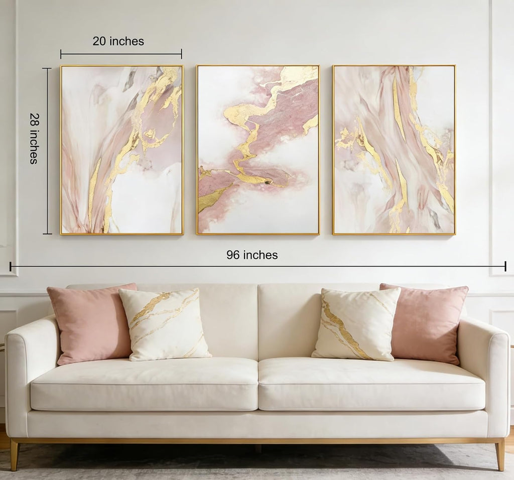 Pink Abstract Canvas Wall Art For Living Room, Large Gold Abstract Painting Water Flow Shape For Bedroom, Framed Modern Wall Pictures for Home Decor Ready to Hang 28x60 inches