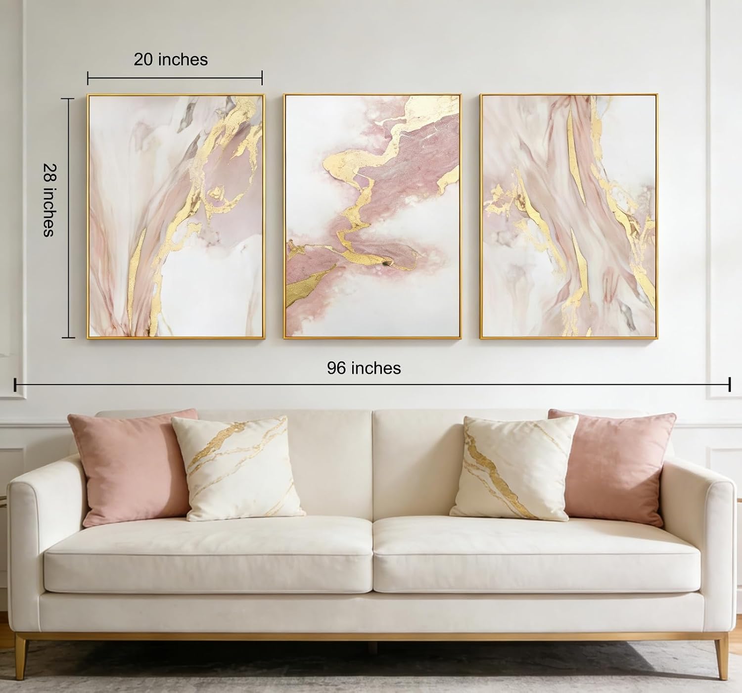 Pink Abstract Canvas Wall Art For Living Room, Large Gold Abstract Painting Water Flow Shape For Bedroom, Framed Modern Wall Pictures for Home Decor Ready to Hang 28x60 inches