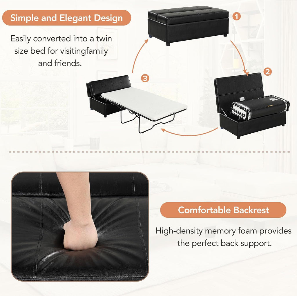 Ottoman Sleeper Bed, Convertible Ottoman Bed, Guest Bed, Pull Out Bed with Mattress, Sofa Bed for Living Room, Bedroom, Apartment, Office (Twin Size Black)