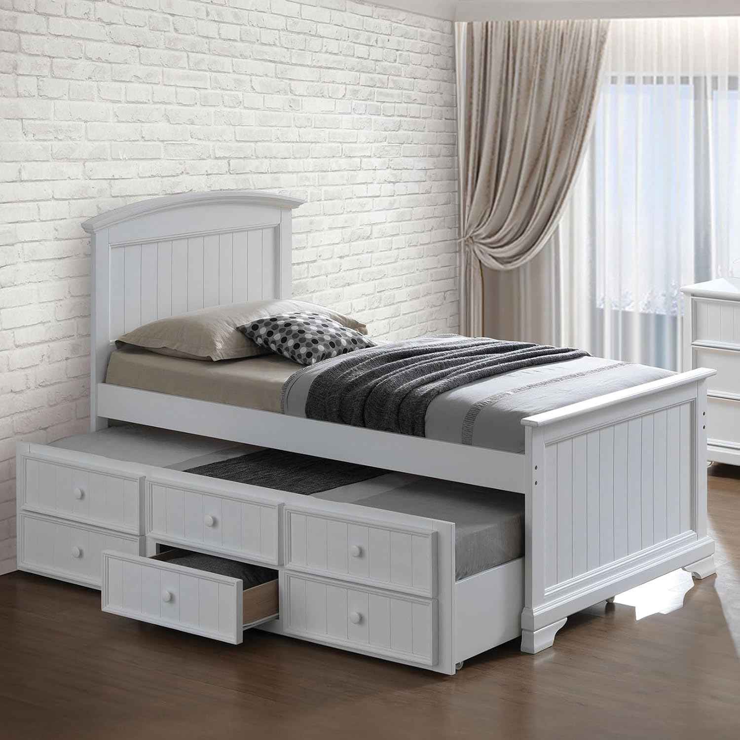 Furniture of America Darden Modern Solid Wood 3-Piece Bedroom Collection with Twin Captain Bed, Trundle and 2-Drawer Nightstands Set of 2, No Box Spring Required, White