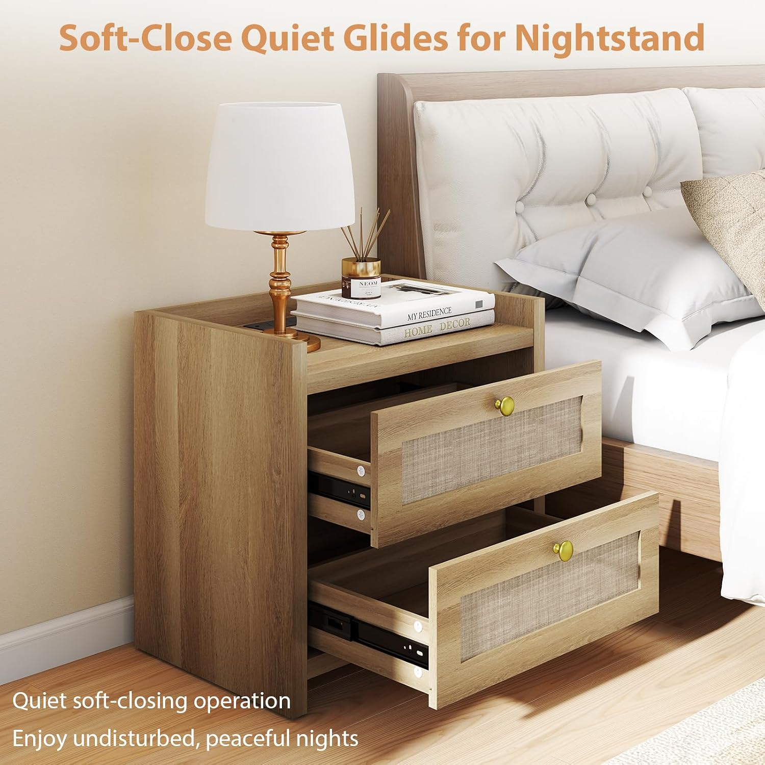 LubanNese 23.6' Nightstand, Boho Wooden Bedside Table with Charging Station for Bedroom, Farmhouse Rustic Large Wide Night Stands with 2 Soft Close Drawers, Oak
