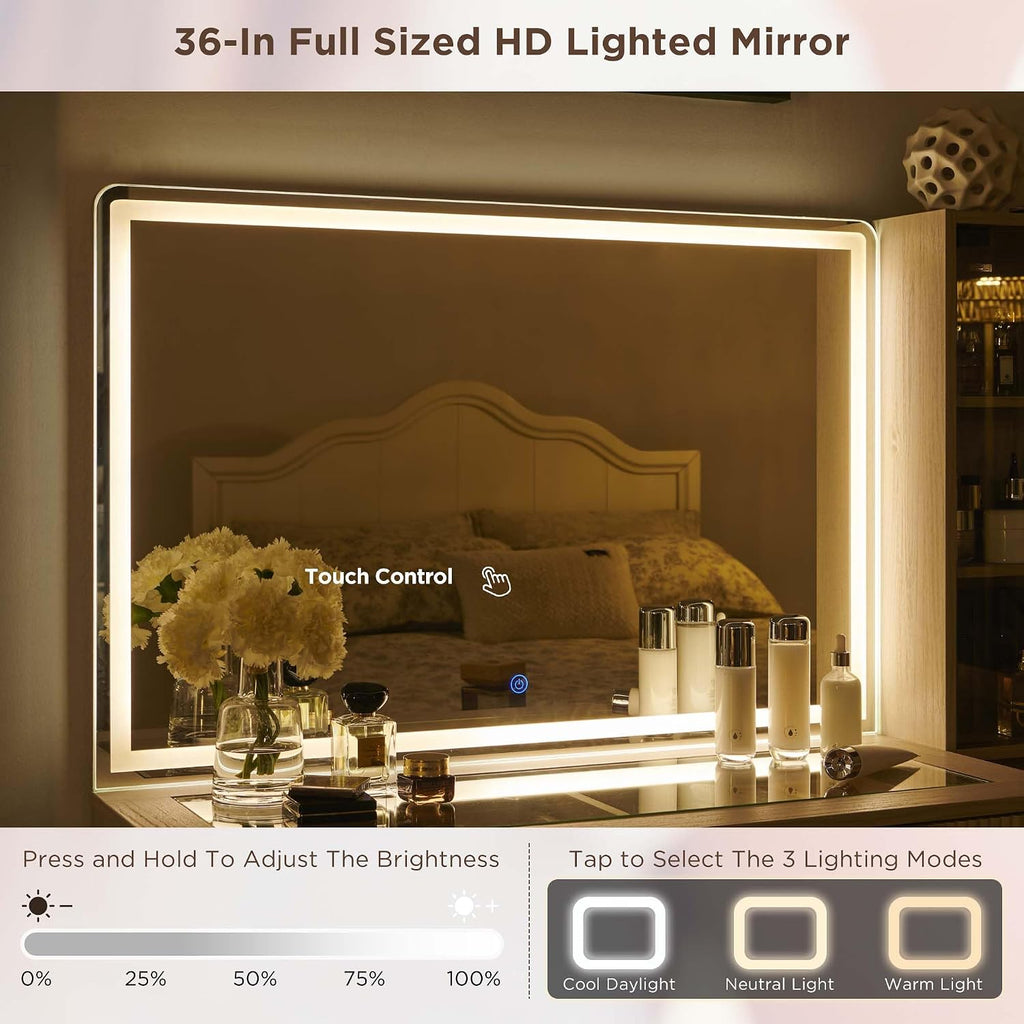 T4TREAM Fluted Makeup Vanity Desk with 36' HD Lighted Mirror, 48' Big Modern Vanity Desk with Mirror and Lights, Dressing Table with 5 Drawers & Shelves, Glass Top for Bedroom (Alder White)