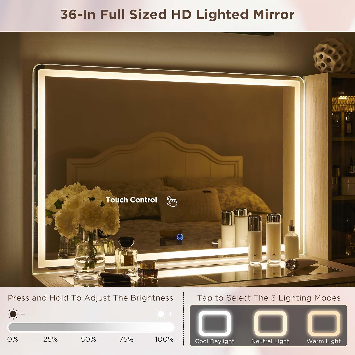 T4TREAM Fluted Makeup Vanity Desk with 36' HD Lighted Mirror, 48' Big Modern Vanity Desk with Mirror and Lights, Dressing Table with 5 Drawers & Shelves, Glass Top for Bedroom (Alder White)