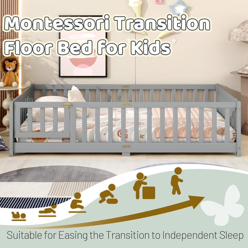 Full Size Floor Bed for Kids, Wooden Montessori Bed Frame with Door, Montessori Floor Bed with Rails for Boys and Girls, No Box Spring Needed, Grey