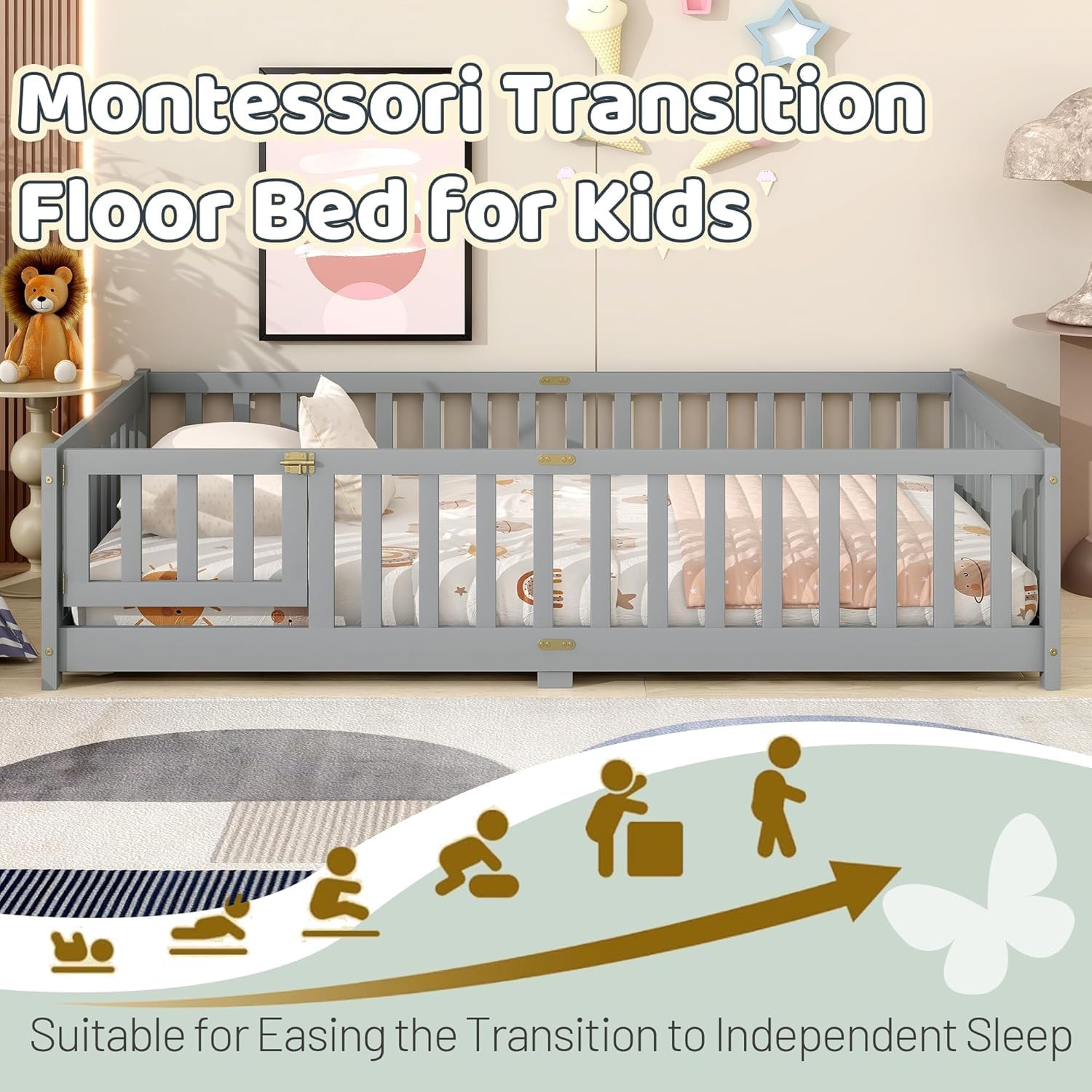 Full Size Floor Bed for Kids, Wooden Montessori Bed Frame with Door, Montessori Floor Bed with Rails for Boys and Girls, No Box Spring Needed, Grey
