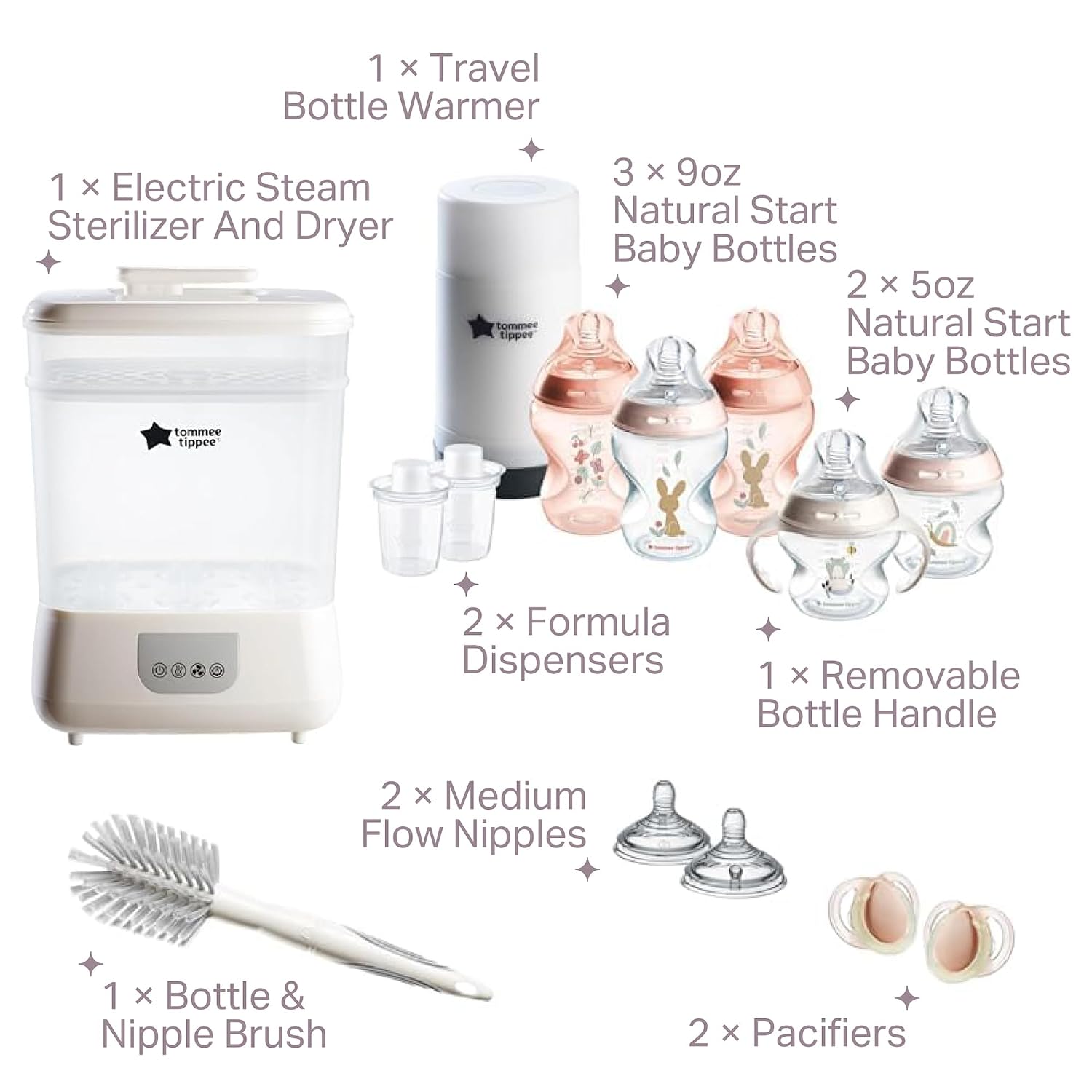 Tommee Tippee Electric Steam Sterilizer and Dryer & Natural Start 14 Piece Baby Bottle, Travel Bottle Warmer & Pacifier Set with Extra Nipples, 2 Formula Dispensers & Bottle Brush, Pink & Clear