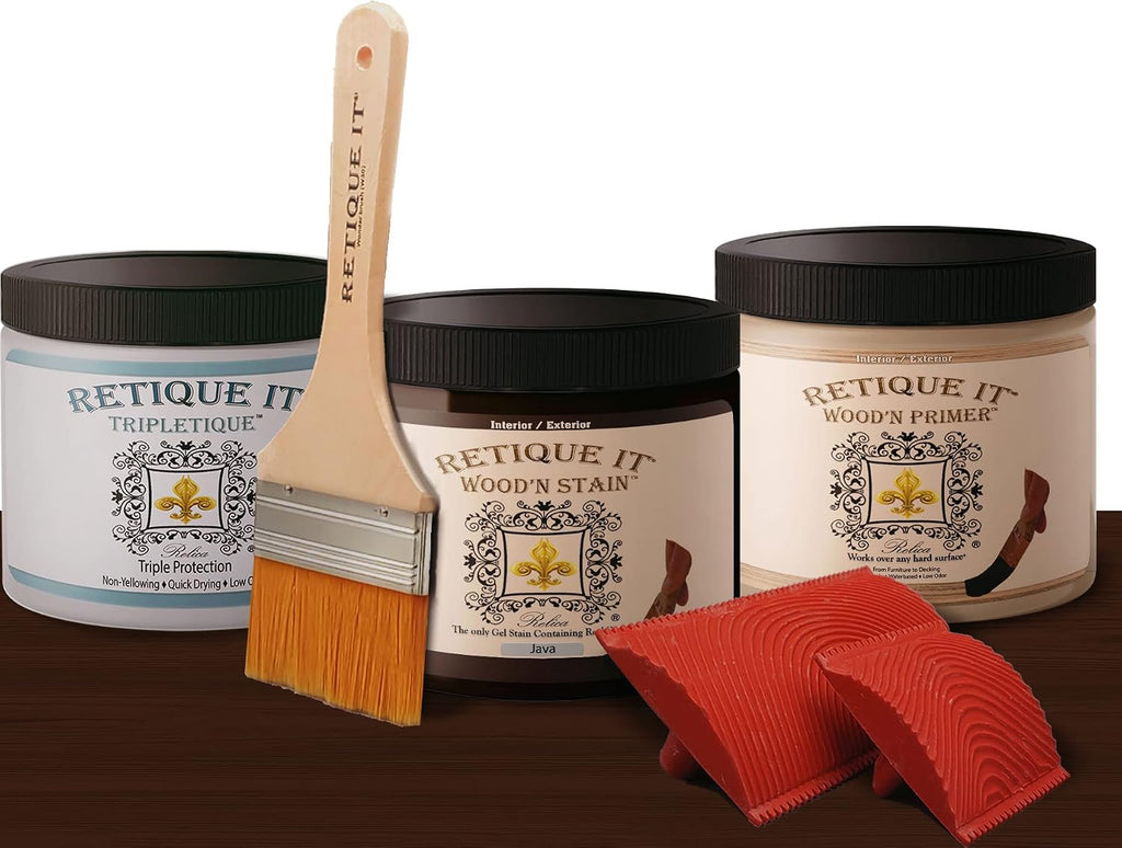 Retique It Wood Finish Countertop Kit – GO Beyond Faux Wood with Paintable Liquid Wood Based Primer and Gel Stain - Graining Tools Included (Countertop Kit, Java)