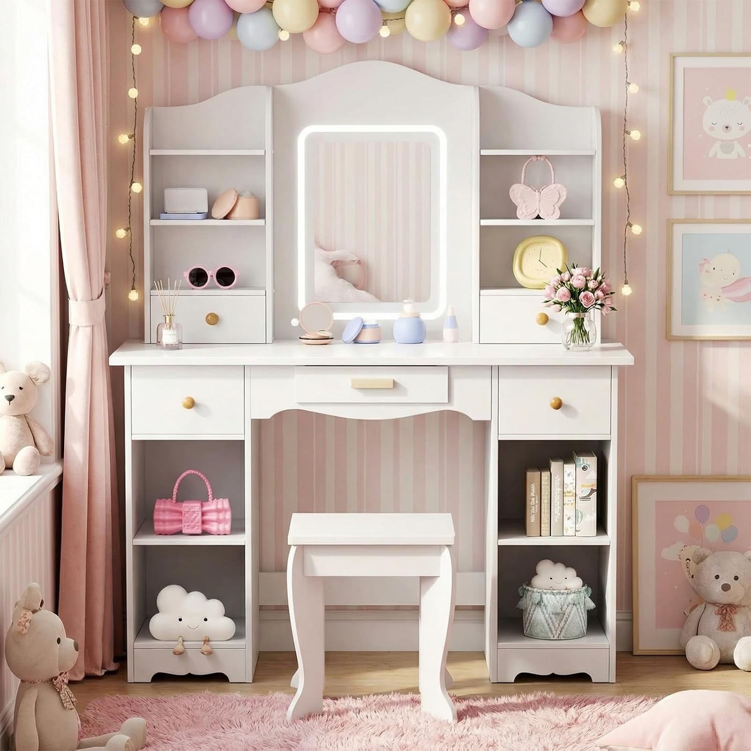 Arlopu Kids Vanity with 3-Color Lights, Girls Vanity Set w/Large Storage, Mirror ＆ Stool, 2 in 1 Princess Wooden Pretend Play Makeup Desk, Dressing Table and Chair, Open Shelves, Drawer (White)