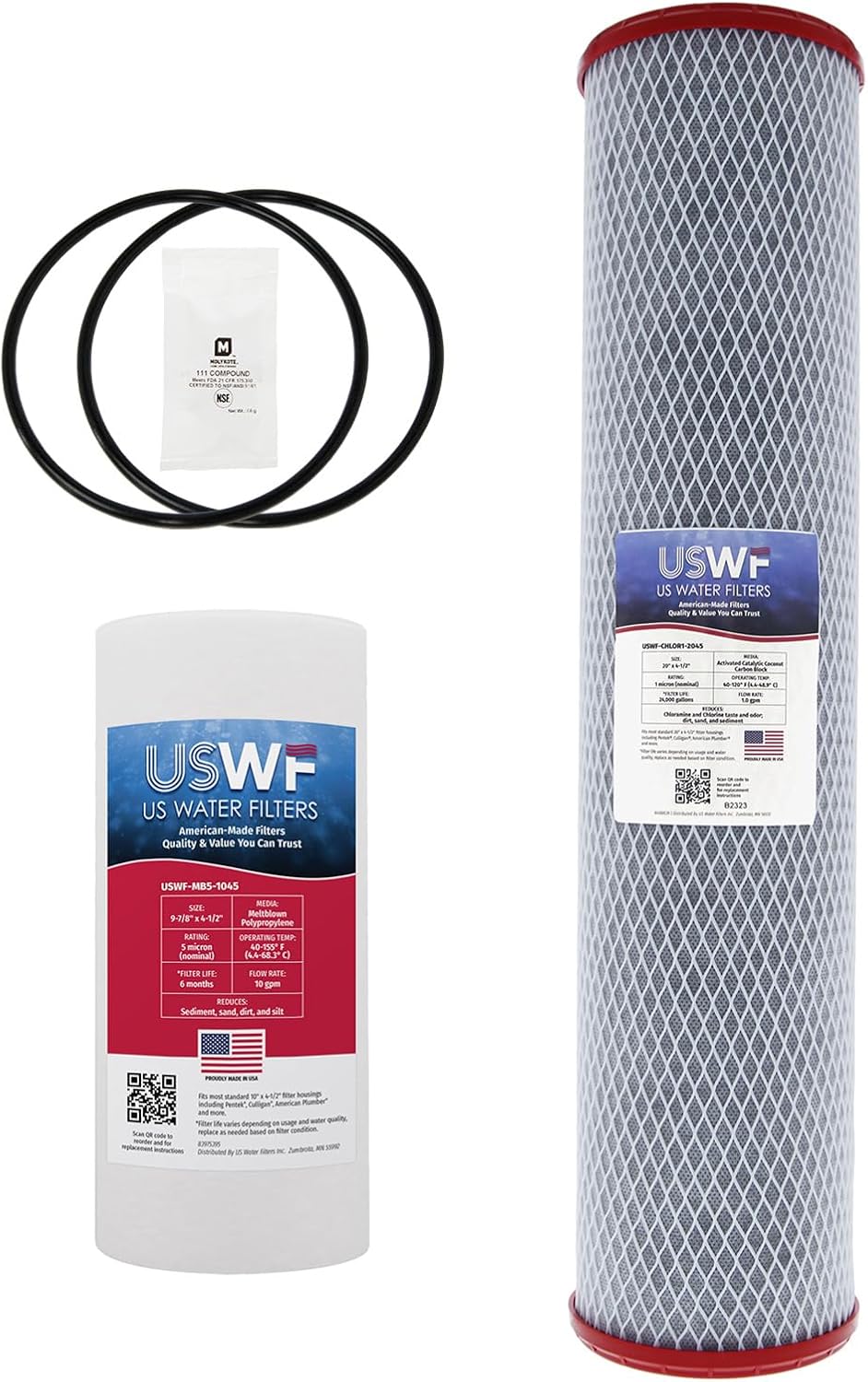 Replacement Filter Set for USWF 2-Stage Chloramine Reduction Filtration System, 5 Micron Sediment 10x4.5' and 1 Micron Chloramine Reduction Carbon Block 20x4.5' | Made in the USA