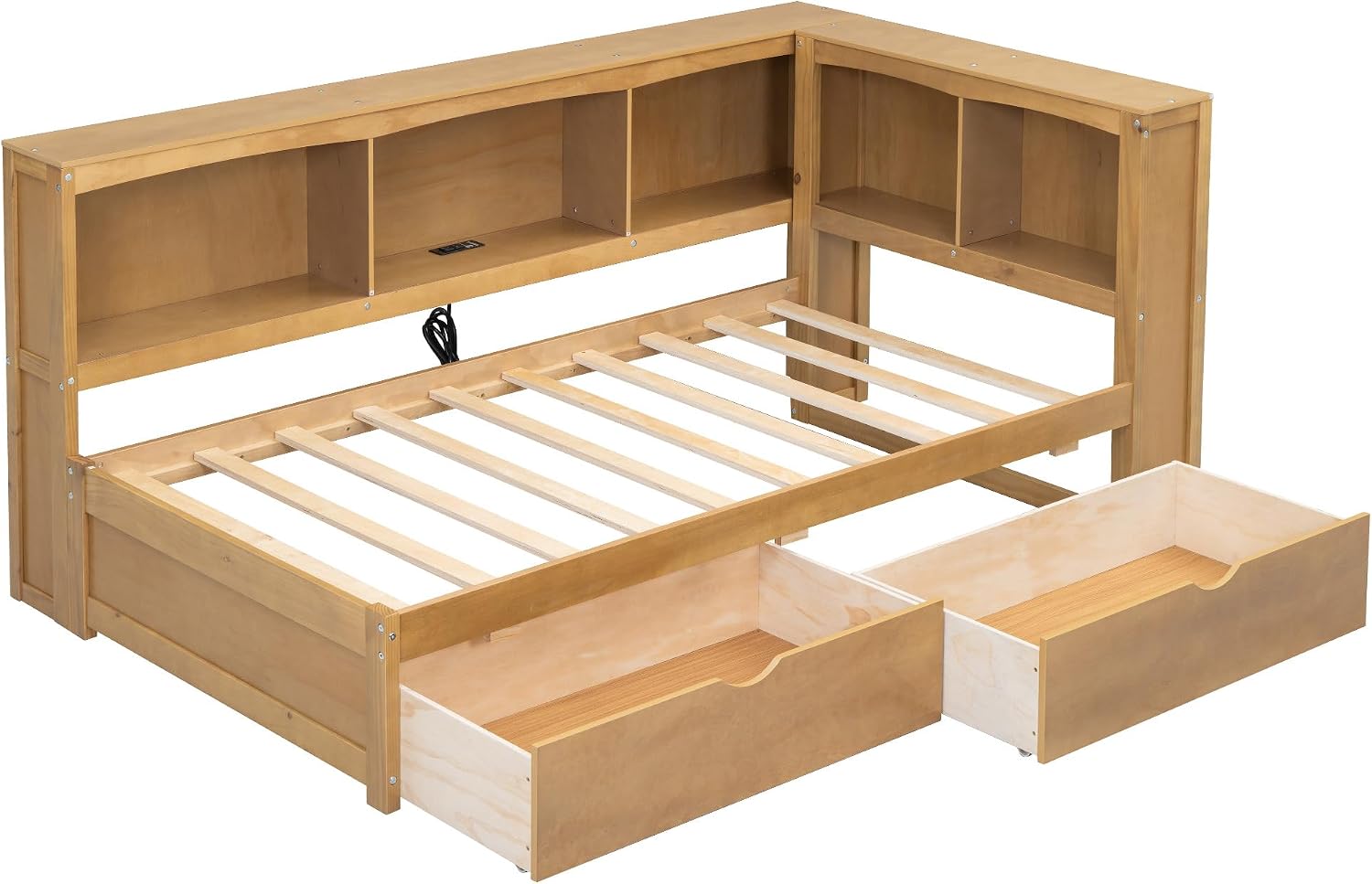 Modern Twin Size Daybed with 2 Storage Drawers, Multifunctional Solid Wood Sofa Bed Frame with Storage Cabinets, USB Portsand and Built-In Charging Station for Living Room,Guest Room (Wood-186J)