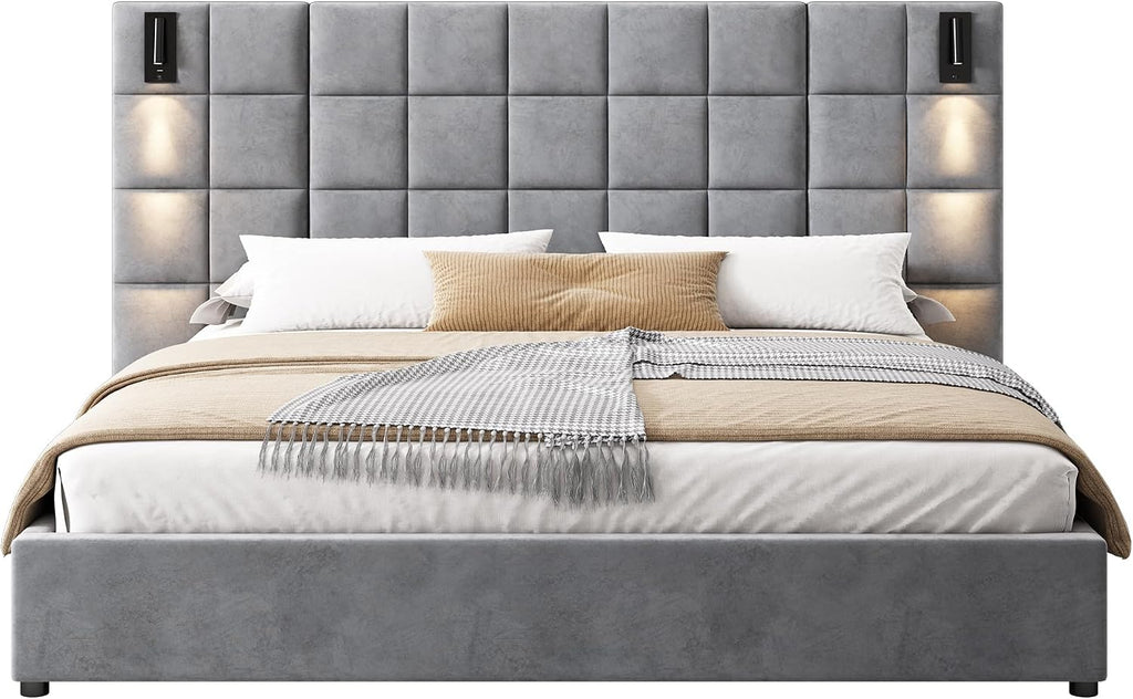 Merax Velvet Upholstered California King Size Bed Frame with Wide headboard and Small Reading Lamp with USB Port, Low Platform Bed Frame for Adults, Without Bedside Tables and Mattress, Gray