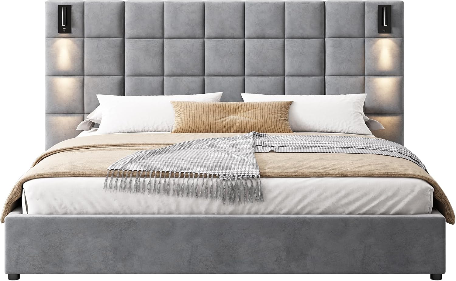 Merax Velvet Upholstered California King Size Bed Frame with Wide headboard and Small Reading Lamp with USB Port, Low Platform Bed Frame for Adults, Without Bedside Tables and Mattress, Gray