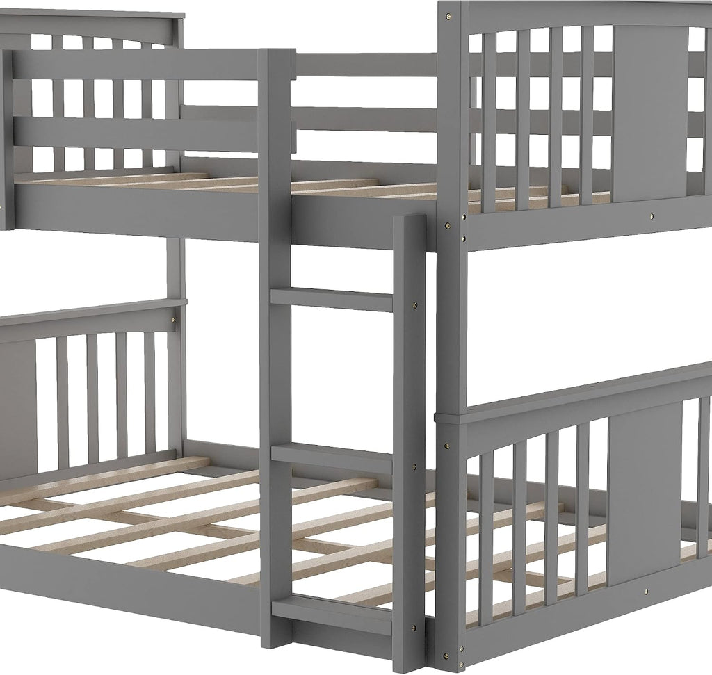 Bellemave Floor Bunk Bed with Slide, Twin Over Twin Wooden Low Bunk Bed with Slide and Ladder, for Boys Girls (Grey)