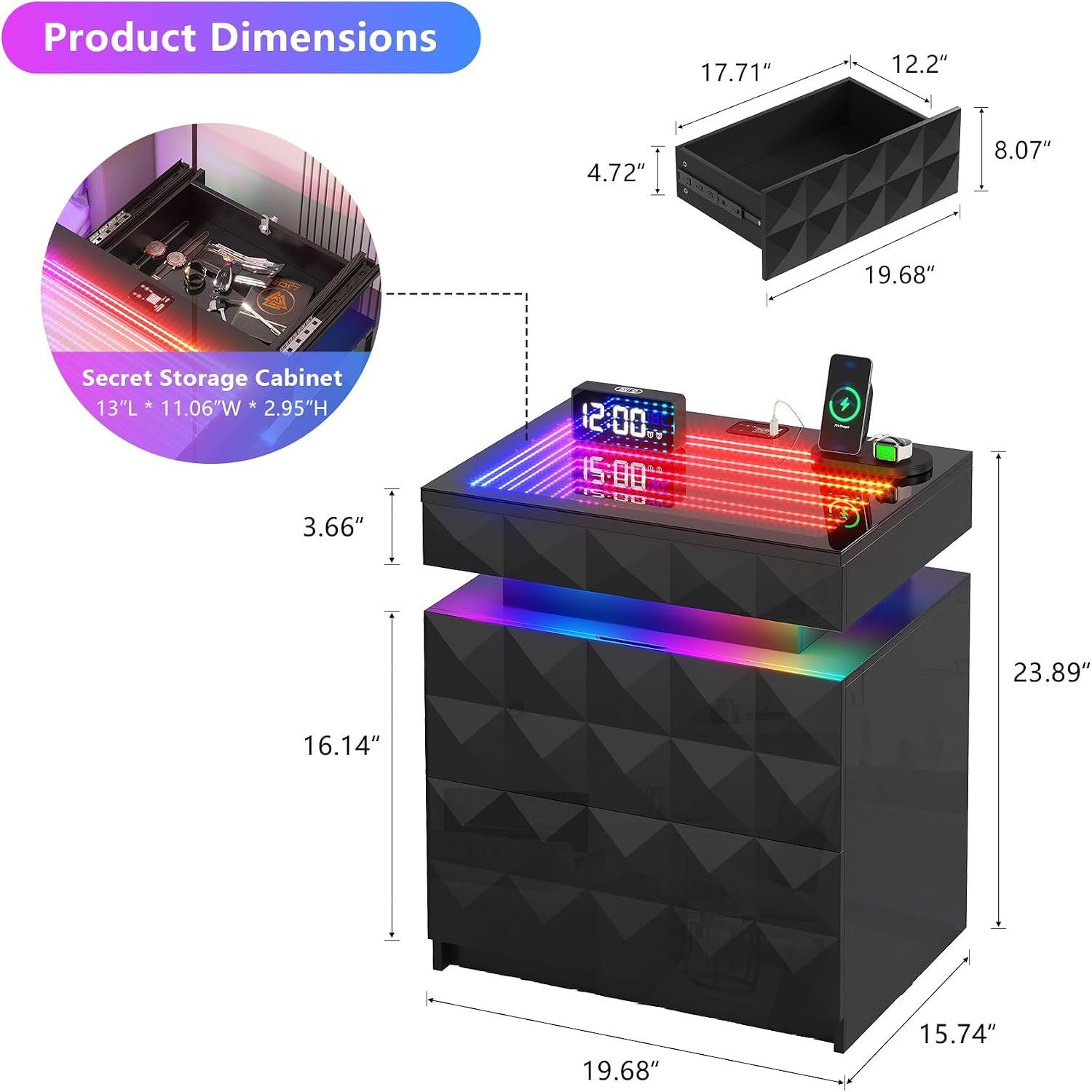 Night Stand Set 2 with Charger Station & RGB Lights, 3 Drawers Bedside Table with Sliding Top, Modern Night Stands with Human Body Sensor for Bedroom, Black