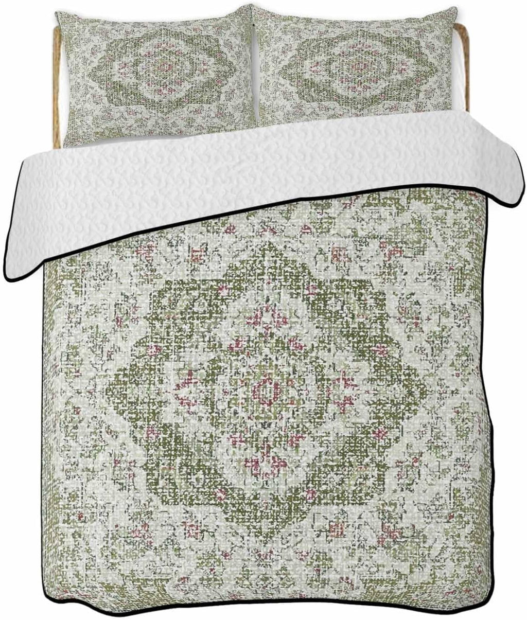 Quilt King Size Bedding Set, Sage Green Boho Lightweight Summer Quilt 3 Pieces Bedding Sets, Vintage Abstract Art Ethnic Tribe Reversible Soft Bedspreads Coverlets with 2 Pillow Shams for All Season