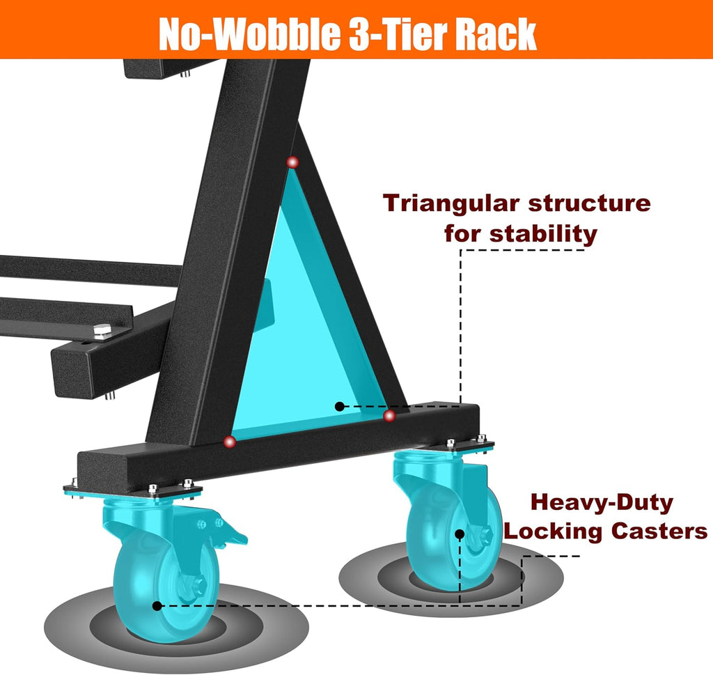 Heavy Duty 3 Tier Dumbbell Rack Stand, 1200LBS Commercial Weight Storage Organizer for Home Gym (Select Frame Type: Kettlebell Flat Tray, All Rails, or Rolling Wheels), Stand Only