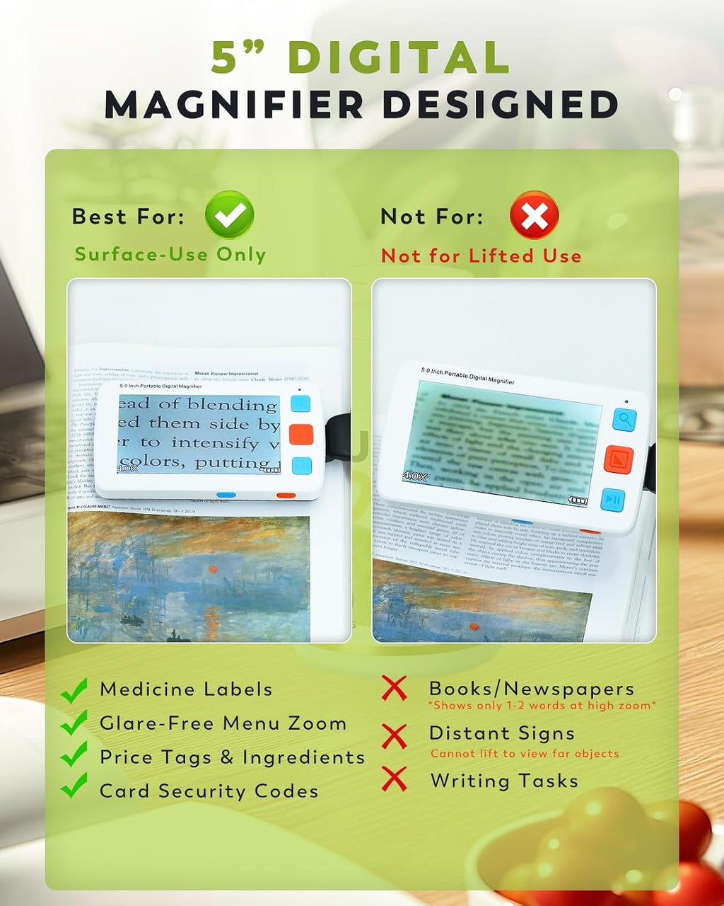 5.0 Inch Portable Digital Magnifier, 4X-32X Zoom Electronic Reading Aid with Foldable Handle for Low Vision/Seniors/Kids, Ideal for Quick Reading – Not Recommended for Long Books or Novels