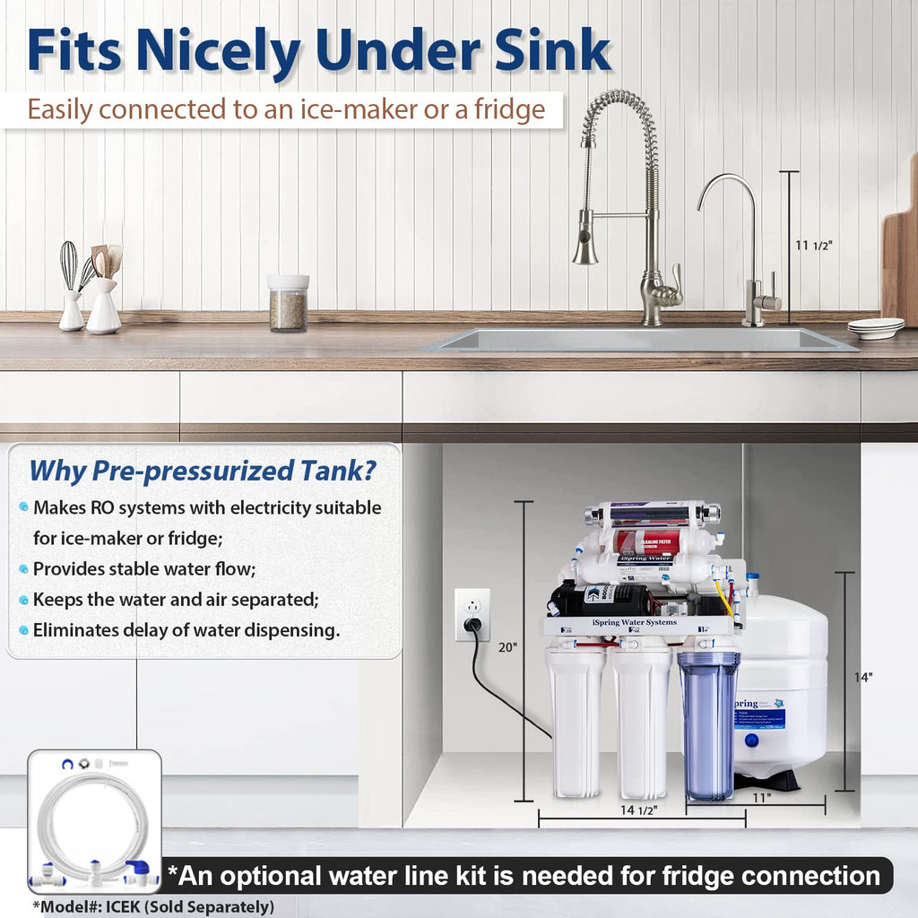 iSpring RCC1UP-AK, 100 GPD 7-Stage Reverse Osmosis Under Sink Water Filtration System with Boost Pump, Alkaline Remineralization and UV Filter, Patented Top-Mounted Faucet Design for Easy Installation
