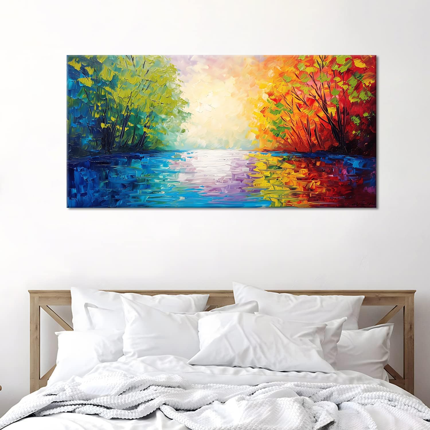 Beautiful River Scenery and Colorful Forests On Both Sides Palette Knife Painting Wall Art Decor Artwork for Bedroom (30x60 Inches)