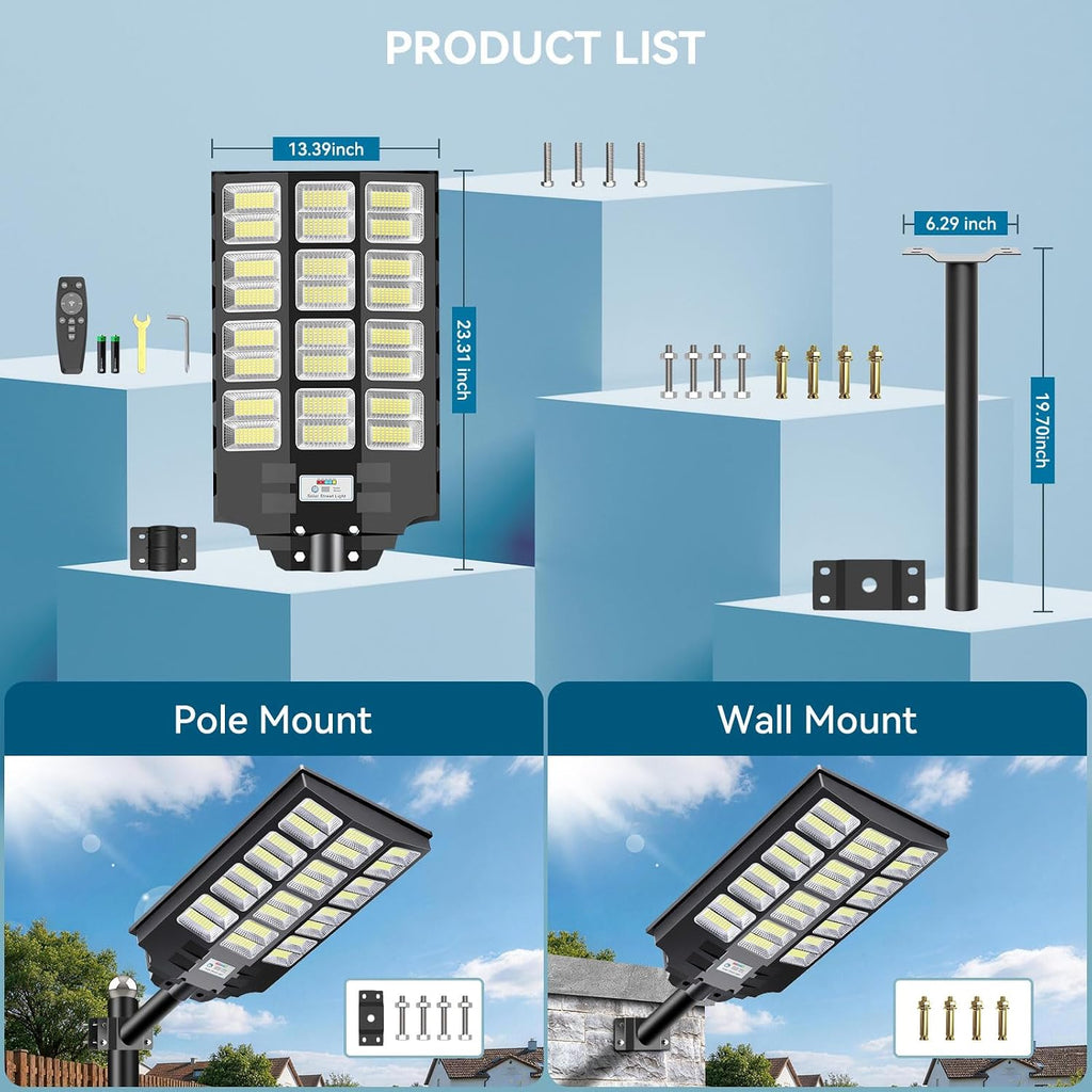 VOOJOY 8000W Solar Street Lights Outdoor Waterproof, Dusk to Dawn Solar Lights Outdoor with Motion Sensor and Remote Control for Yard, Parking Lot, Garage, Street, 4 Pack