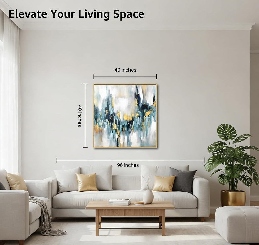 Large Blue and Gold Abstract Wall Art for Office. Hand-Painted Abstract Oil Painting for Living Room. Framed Blue Wall Painting Contemporary for Bedroom Home Decoration Ready to Hand 40x40inches