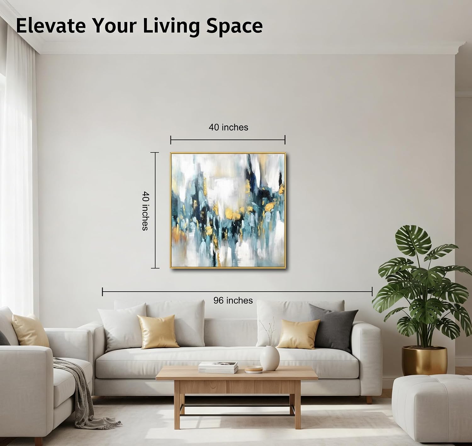 Large Blue and Gold Abstract Wall Art for Office. Hand-Painted Abstract Oil Painting for Living Room. Framed Blue Wall Painting Contemporary for Bedroom Home Decoration Ready to Hand 40x40inches