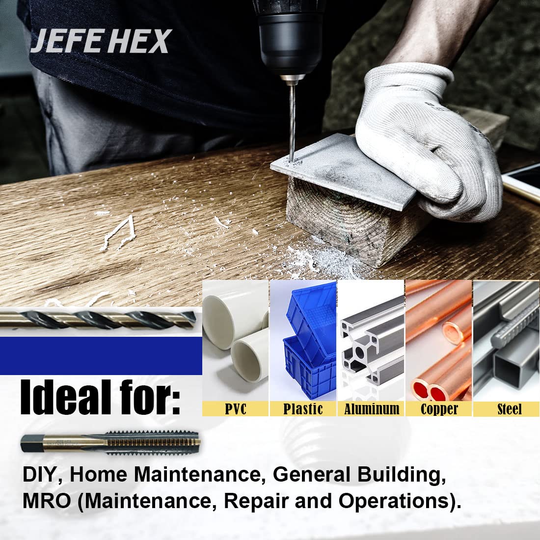 JEFEHEX 18pcs Drill and Tap Set with 1 Piece T-Handle Ratchet Tap Wrench, Tap Range 6-32NC—1/2'-13NC, Black and Gold Premium HSS Jobber Length Drill Bits and Hand Plug Taps with Metal Indexed Box