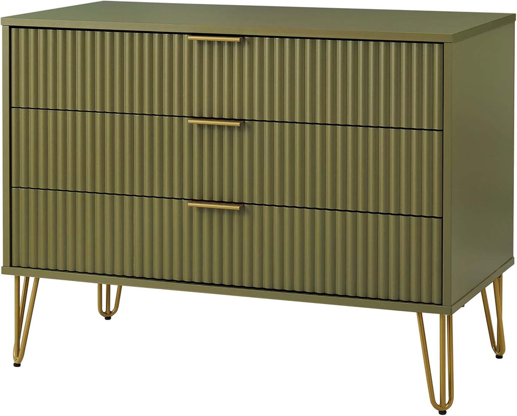 Manhattan Comfort DUMBO 2 Piece Modern Set, 3 Drawer Dresser, 1 Drawer Nightstand with Fluted Ribbed Front, Gold Metal Legs, No Tool Assembly, Storage Cabinet for Bedroom or Living Room in Olive Green