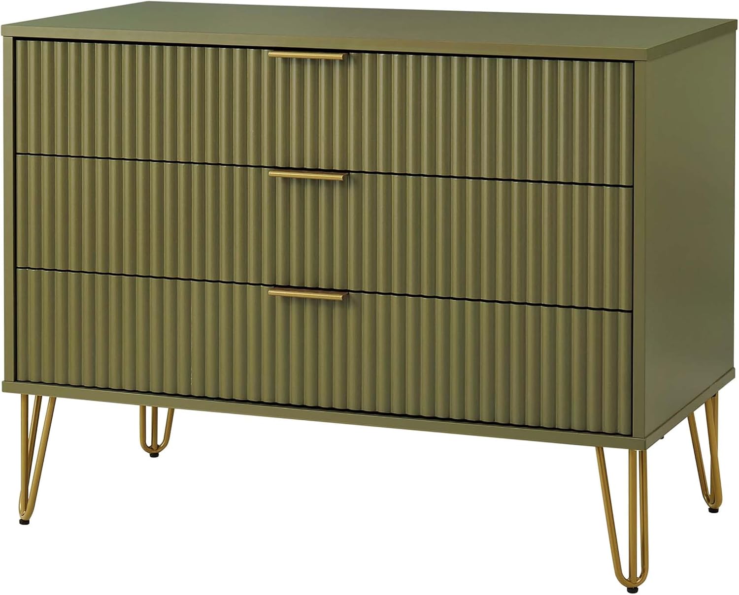 Manhattan Comfort DUMBO 2 Piece Modern Set, 3 Drawer Dresser, 1 Drawer Nightstand with Fluted Ribbed Front, Gold Metal Legs, No Tool Assembly, Storage Cabinet for Bedroom or Living Room in Olive Green