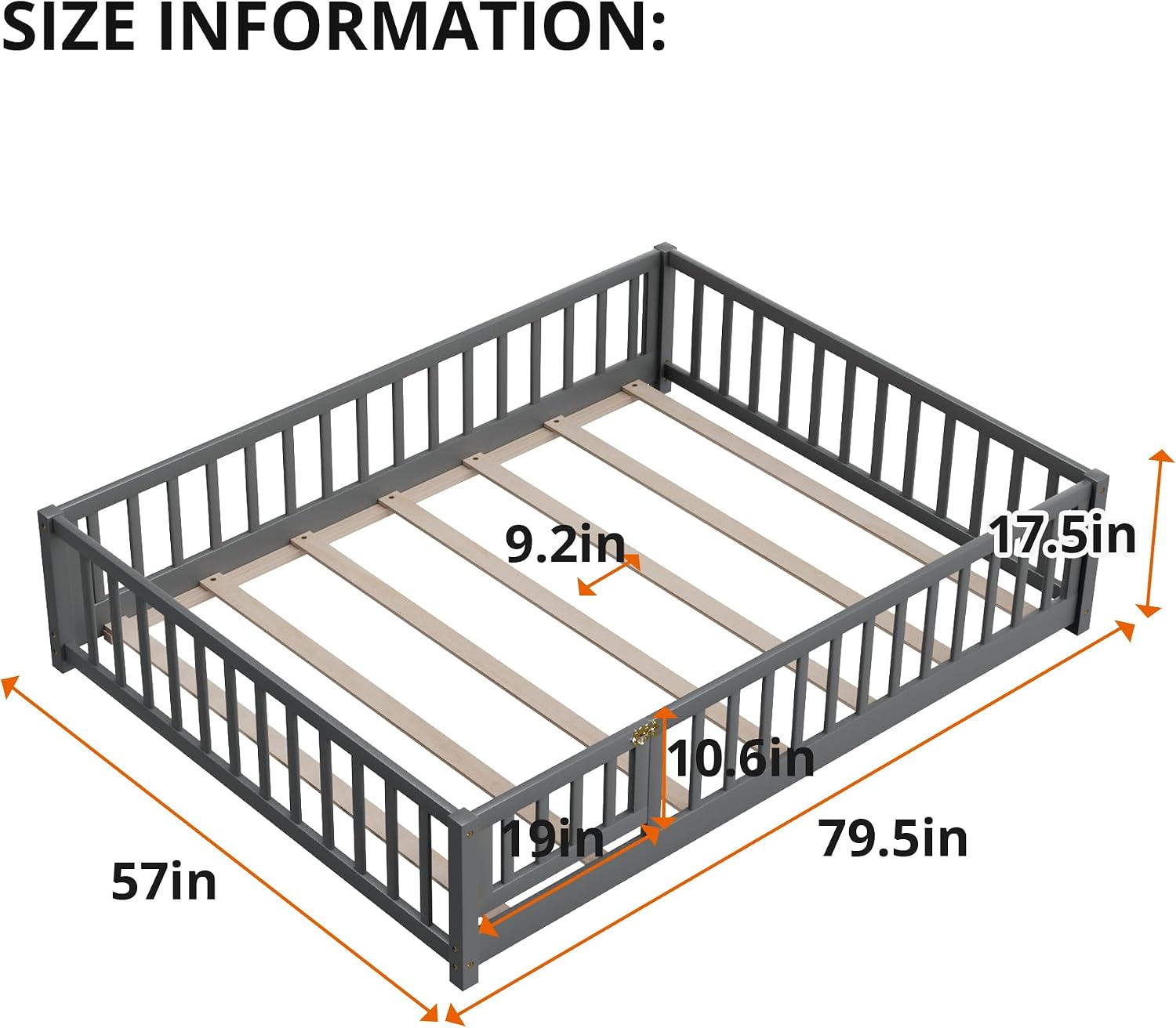 i-POOK Full Floor Bed for Children, Sturdy Wood Montessori Bed Frame with Wood Slats, Fence & Door for Girls and Boys, Gray (with Bed Slats)
