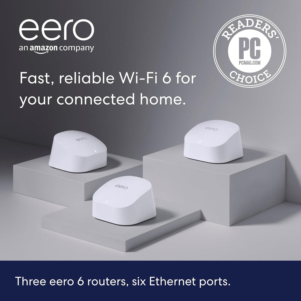 Amazon eero 6 mesh wifi system - Supports speeds up to 900 mbps, Coverage up to 4,500 sq. ft., Connect 75+ Devices, 3-pack (3 routers)