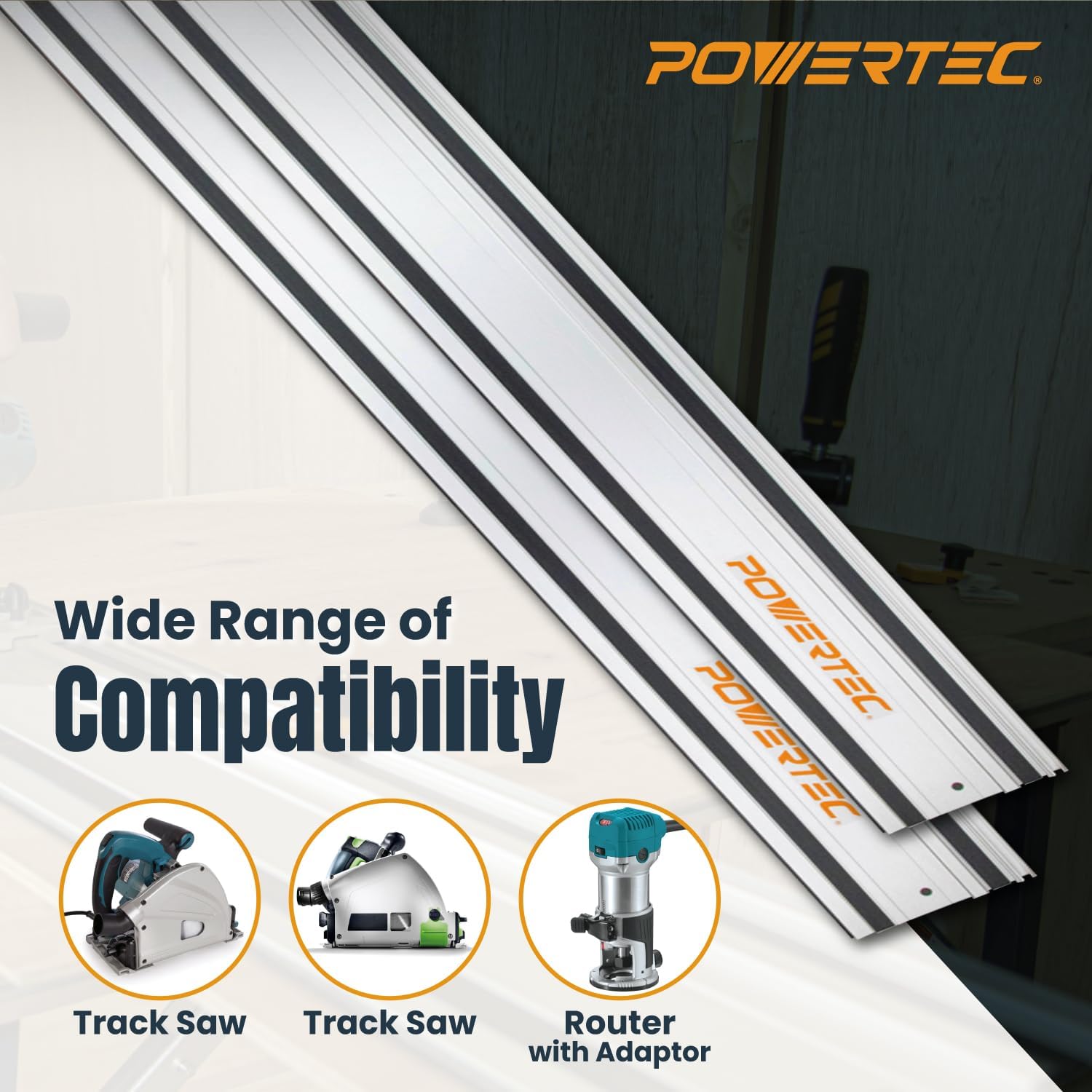 POWERTEC 71387 110' Track Saw Guide Rail Joining Set for Makita or Festool Track Saws Includes 2x55' Extruded Guide Rails and (2) Guide Rail Connectors for Woodworking Projects