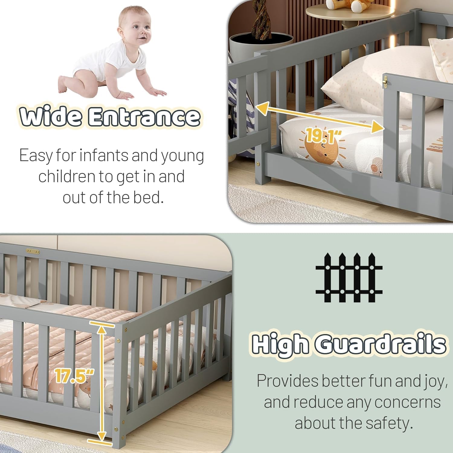 Full Size Floor Bed for Kids, Wooden Montessori Bed Frame with Door, Montessori Floor Bed with Rails for Boys and Girls, No Box Spring Needed, Grey