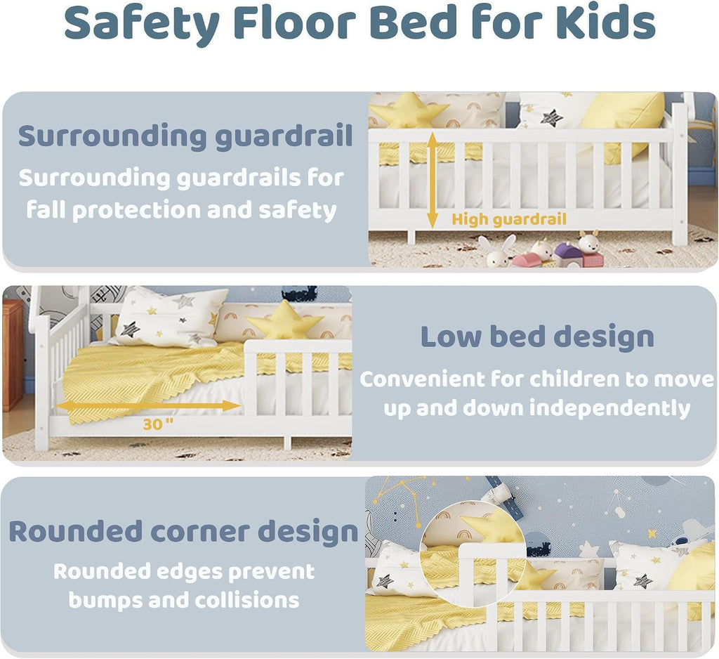 Twin Montessori Kids Floor Bed with Rails and LED Light, Low Twin Beds Frame with Fence and Removable Roof, Wood Montessori Floor Bed Frame for Kids, Girls, Boys, White
