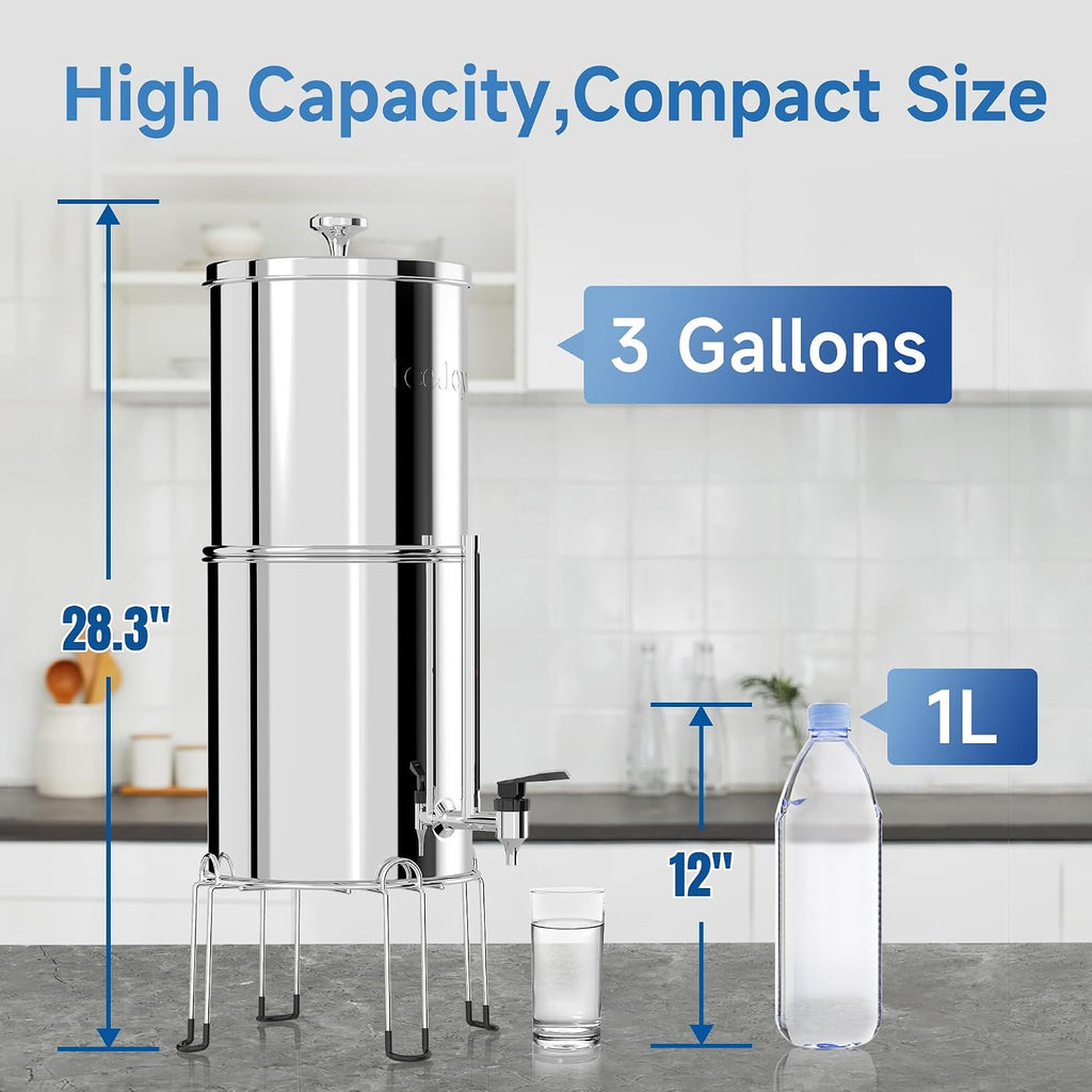 8-Stage Gravity Water Filtration System 3.0 Gallon-304 Stainless Steel Countertop System with 4 Filters and StandReduce 99.9% Chlorine, NSF/ANS 42 Certifcation