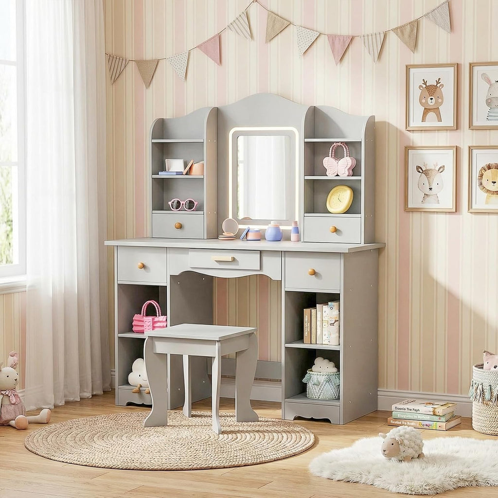 Arlopu Kids Vanity with 3-Color Lights, Girls Vanity Set w/Large Storage, Mirror ＆ Stool, 2 in 1 Princess Wooden Pretend Play Makeup Desk, Dressing Table and Chair, Open Shelves, Drawer (Grey)