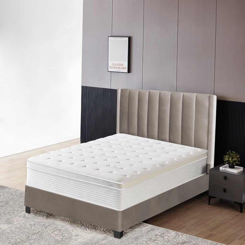 Greaton, Suede Upholstered Bed Frame, Decorative Attractive Headboard, Long Lasting Durable, Includes 3 Color Legs to Choose Gold, Silver and Black, Twin, Taupe
