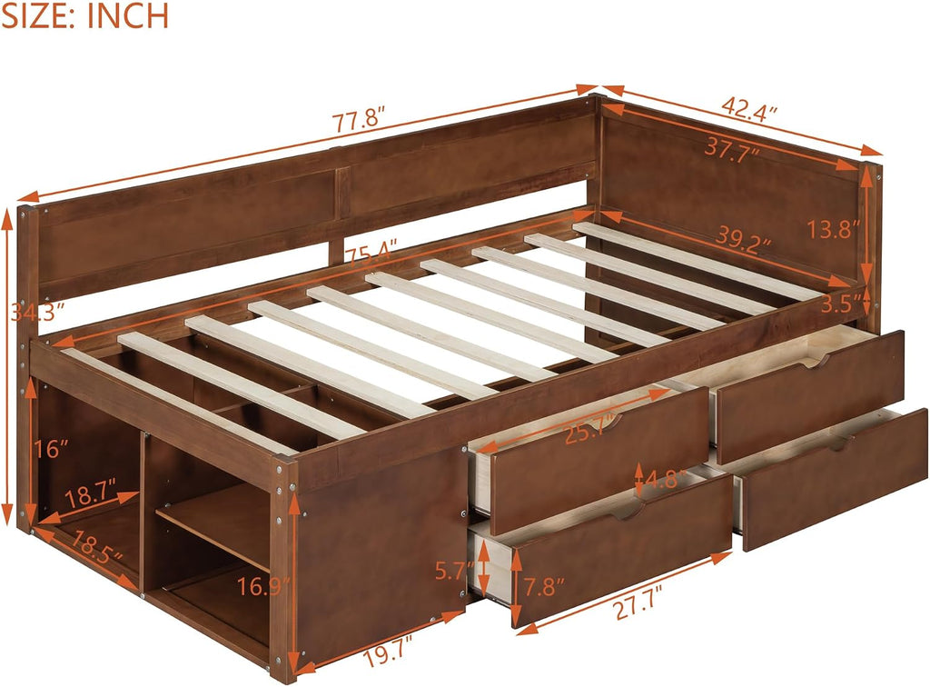 Twin Size Daybed with 4 Pull-Out Drawers and 3 Functioning Shelves,Solid Wood Day Bed Frame with Wooden Slats Support for Bedroom,No Box Spring Required (Walnut-AB40)