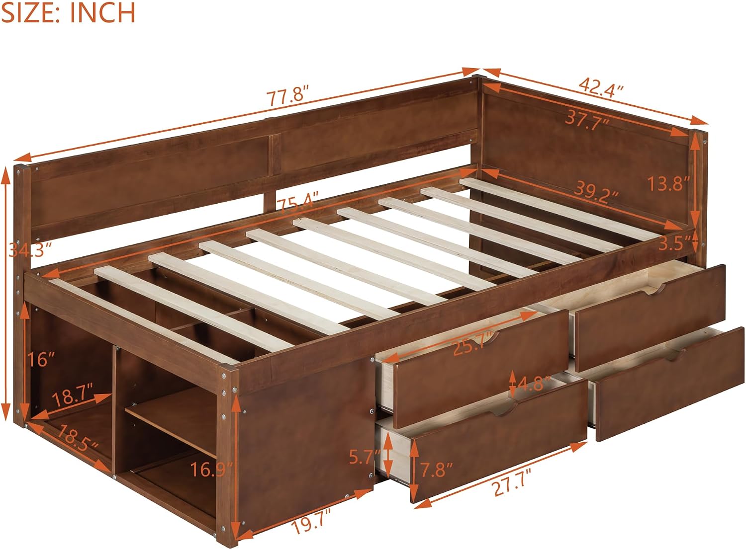 Twin Size Daybed with 4 Pull-Out Drawers and 3 Functioning Shelves,Solid Wood Day Bed Frame with Wooden Slats Support for Bedroom,No Box Spring Required (Walnut-AB40)