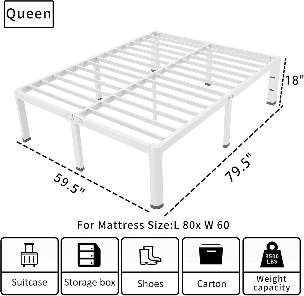 ROIL 18 Inch White Queen Bed Frame with Rounded Corner and Headboard Hole Mattress Retainers 3500LBS Heavy Duty Steel Slats No Box Spring Needed Platform Noise-Free Easy Assembly