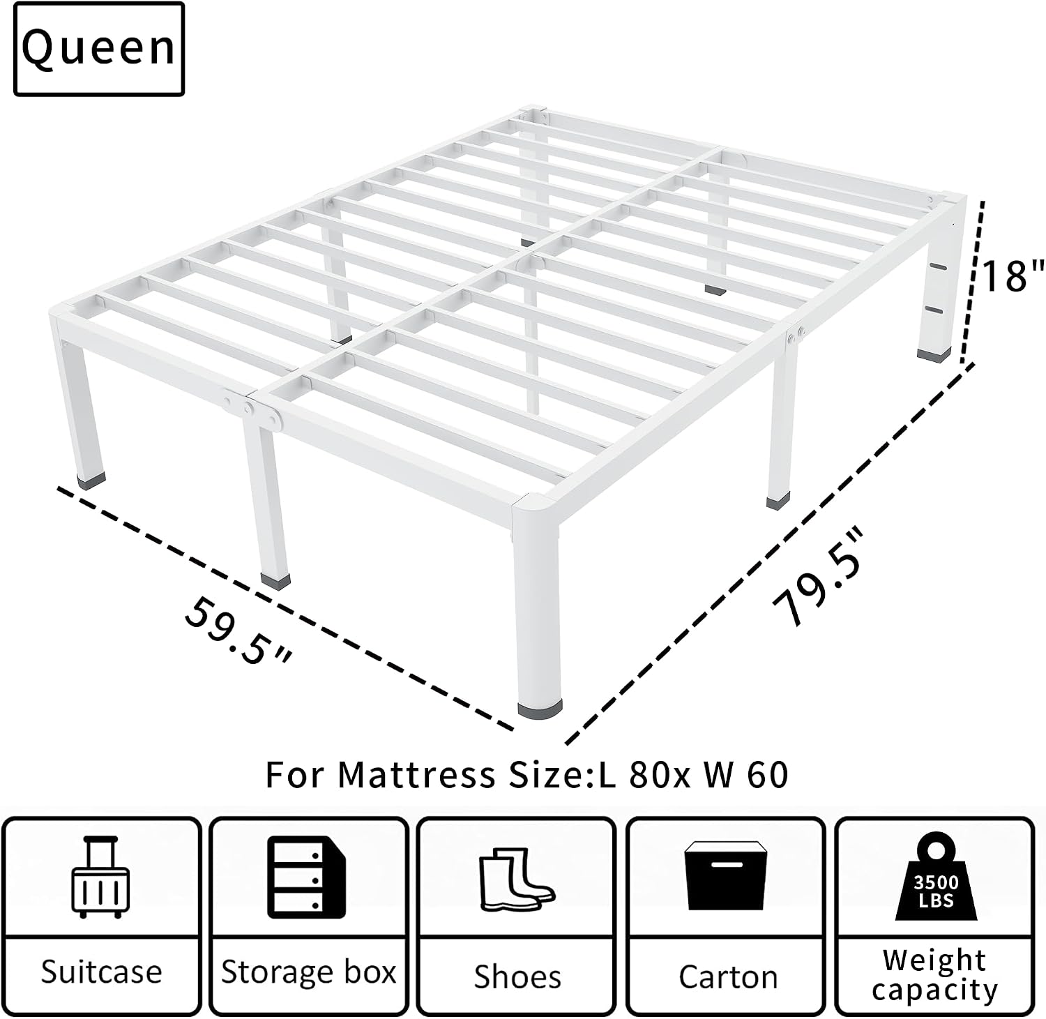 ROIL 18 Inch White Queen Bed Frame with Rounded Corner and Headboard Hole Mattress Retainers 3500LBS Heavy Duty Steel Slats No Box Spring Needed Platform Noise-Free Easy Assembly