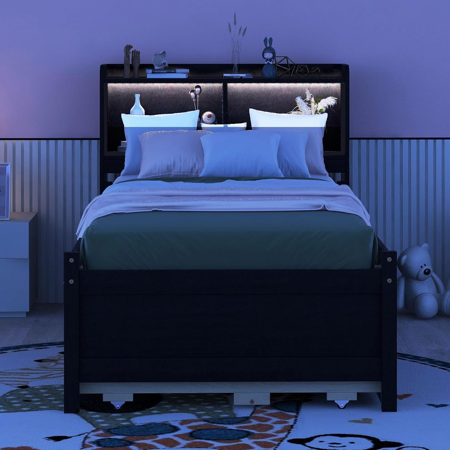 KEVINSPACE LED Bed Frame Twin Captains Bed Storage Daybed with Trundle Set, USB,Type-C Ports,LED Light Bed, Twin Size Beds Wooden Platform Bed with 3 Drawers and Bookcase Headboard Bedroom Espresso