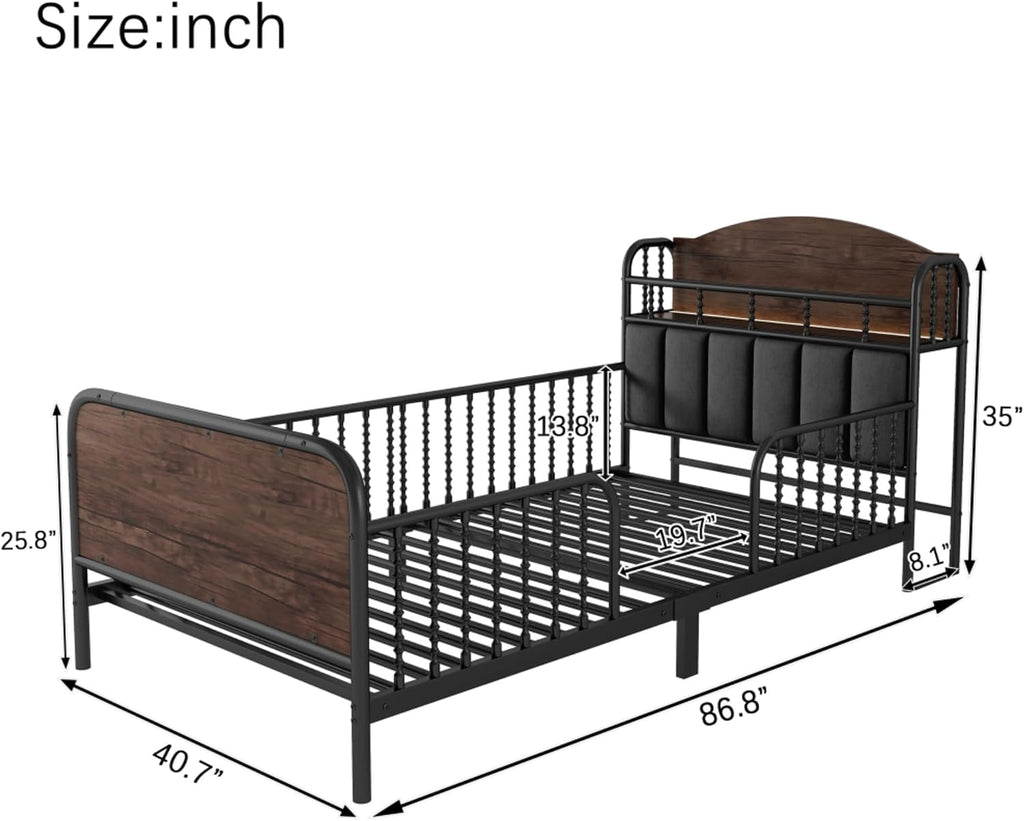 Modern Upholstered Platform Bed Frame with App Controlled LED Lights Storage Headboard Full Length Guardrails Low Profile Design Metal Structure for Bedroom (Black,Twin)