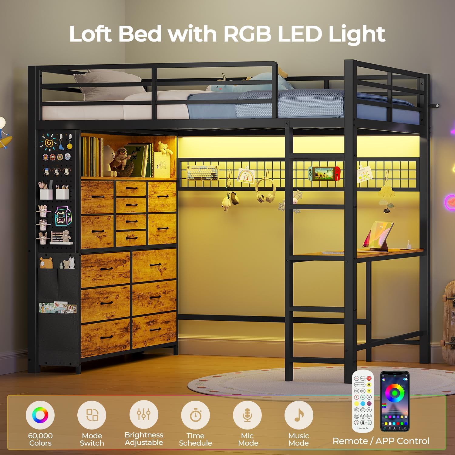 ADORNEVE Twin Loft Bed with Desk,14 Storage Drawers & Power Outlet, Kids Loft Bed Twin Size with LED Lights, Metal Loft Beds with Safety Guardrail & Ladder, Space Saving for Teens, Rustic Brown