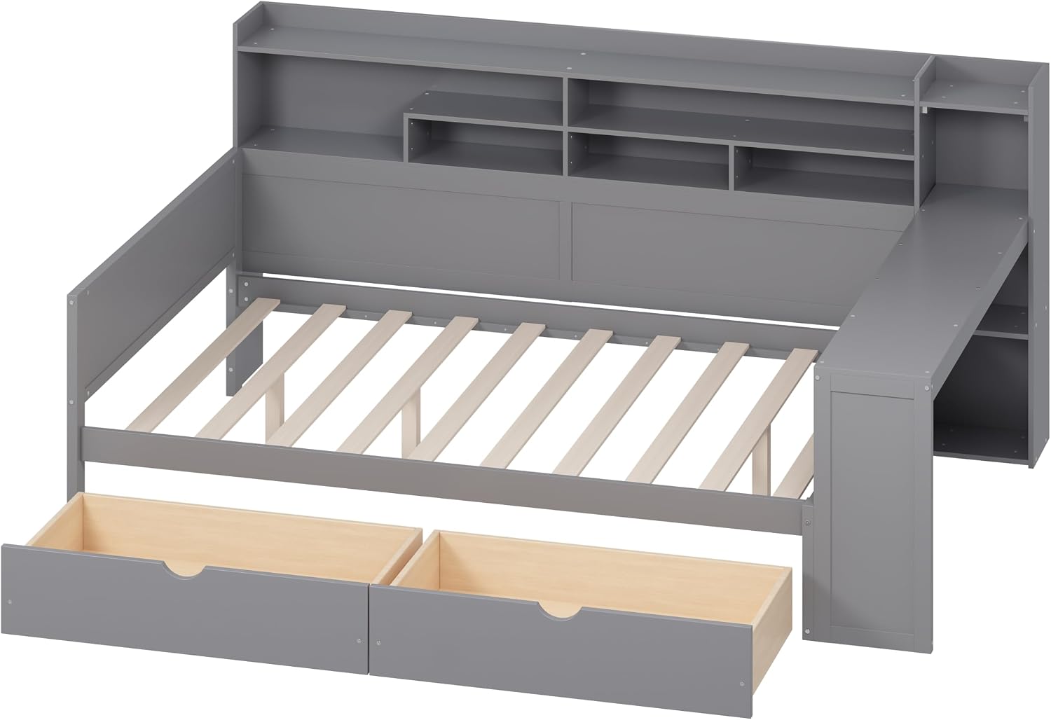 Mirightone Corner Full Bed Frame with Bookcase Storage and Desk, Wood Day Beds with 2 Drawers, Full Size Daybed with Storage for Living Room,Bedroom & Guest Room, Gray