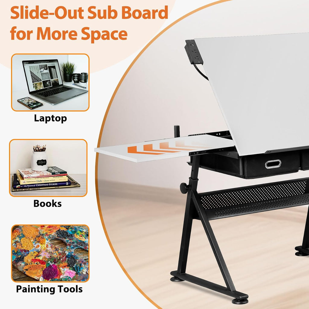 ZENY Adjustable Drafting Table with Stool, Tilting Drawing Desk Artist Table with Storage Drawers, Art Craft Workstation for Home Office Reading, Writing, Crafting (White-with Outlet)