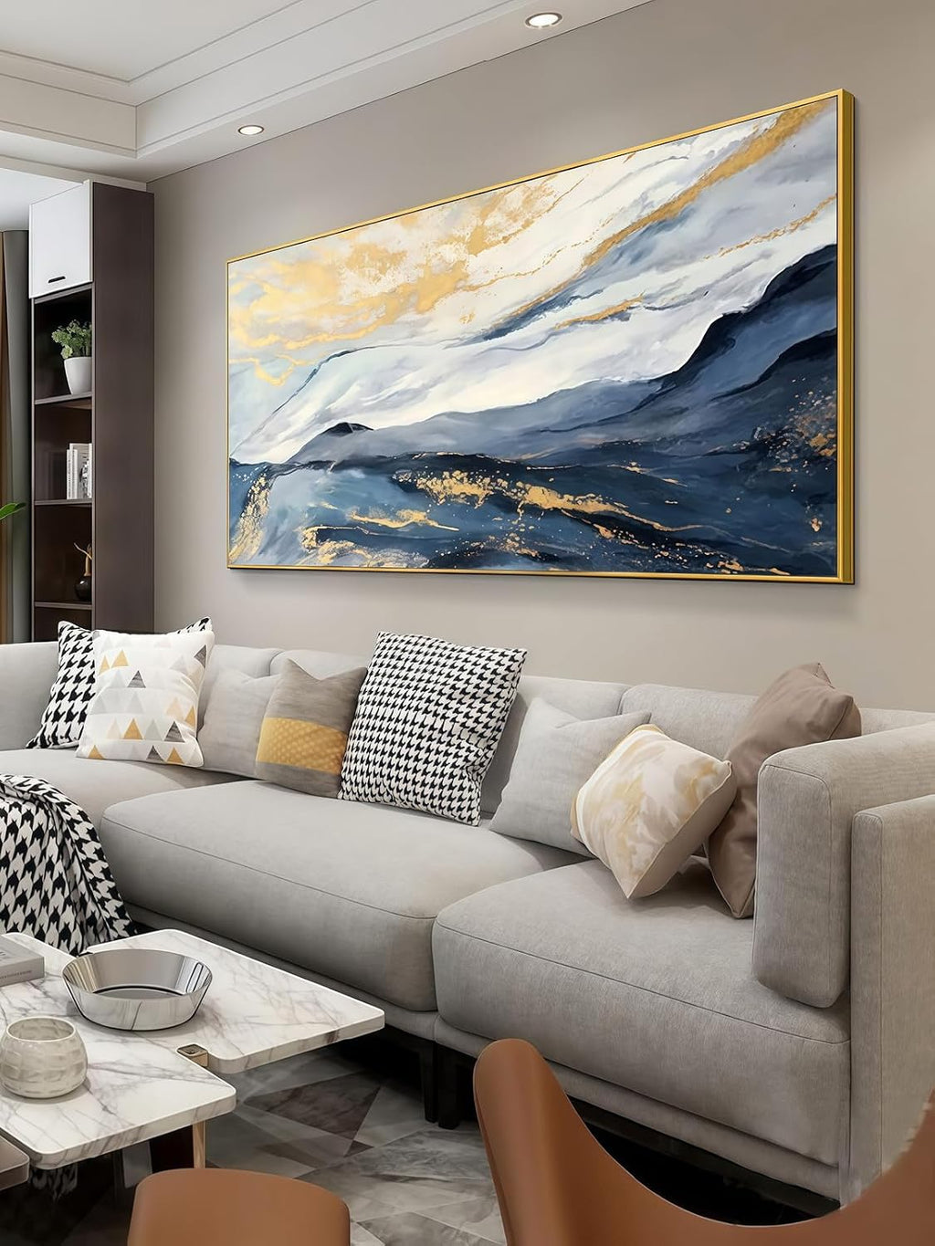 Large Blue and Gold Mountain Wall Art for Living Room, Framed Blue Abstract Painting for Bedroom,Modern Landscape Office Wall Decor Ready to Hang 24x48 Inches