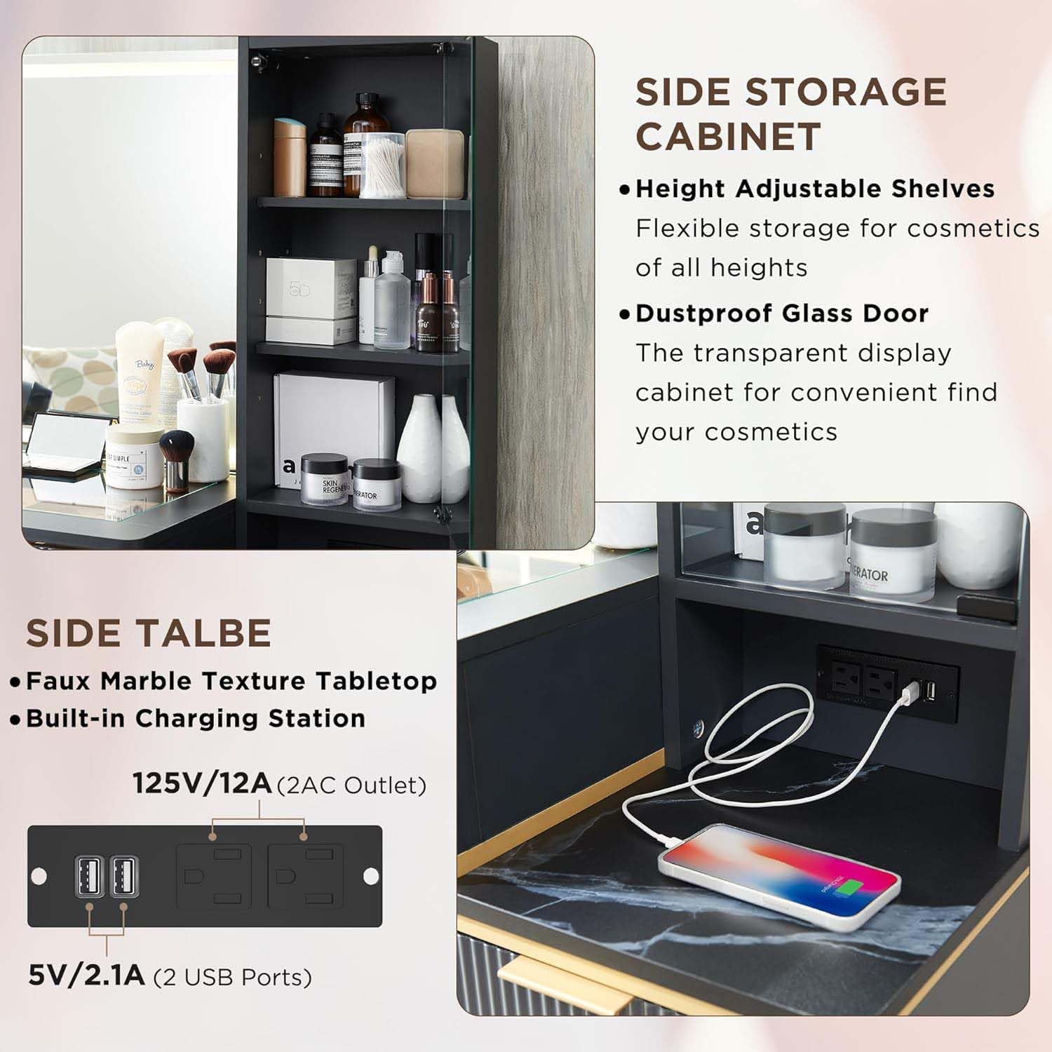 T4TREAM Fluted Makeup Vanity Desk with 36' HD Lighted Mirror, 48' Big Modern Vanity Desk with Mirror and Lights, Dressing Table with 5 Drawers & Shelves, Glass Top for Bedroom, Dark Grey