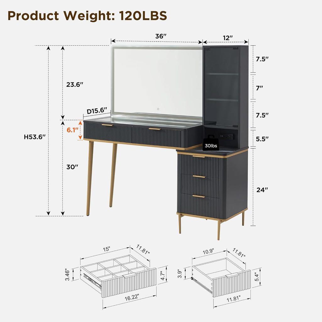 T4TREAM Fluted Makeup Vanity Desk with 36' HD Lighted Mirror, 48' Big Modern Vanity Desk with Mirror and Lights, Dressing Table with 5 Drawers & Shelves, Glass Top for Bedroom, Dark Grey